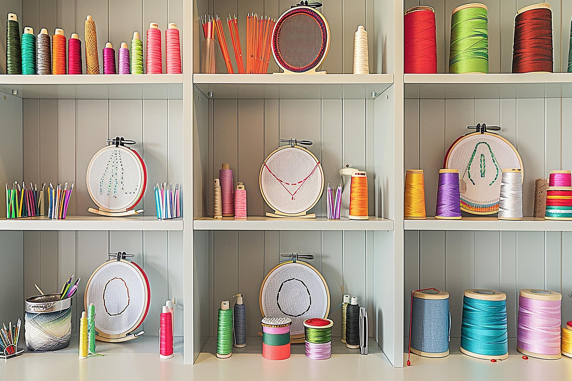 studio workspace with threads and hoops
